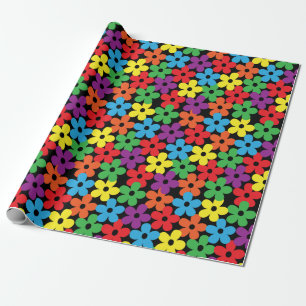 Cadeau Fleurs colorées sur le papier d'emballage noir