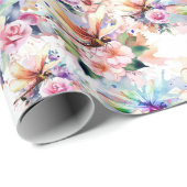 Cadeau Fleurs et libellules enveloppant du papier (Coin rond)