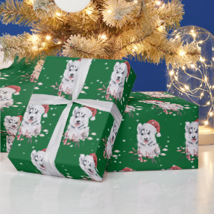 Cadeau Husky de Noël avec papier d'enveloppement de chape