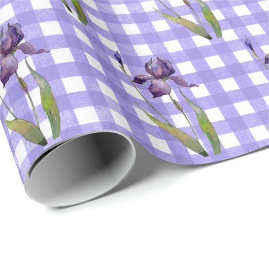 Cadeau Iris violet sur papier d'emballage En vichy (Coin rond)