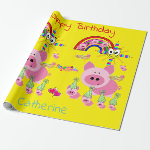 Cadeau Joyeux Anniversaire Papier Pink Pigs Jaune