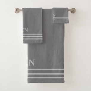 Cadeau Monogramme Gris Bordure Rayée Gris Clair