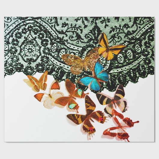 Cadeau MOTIF EN LACE NOIRE AVEC BOUTTERFLIES BLANC Papier (Plat)
