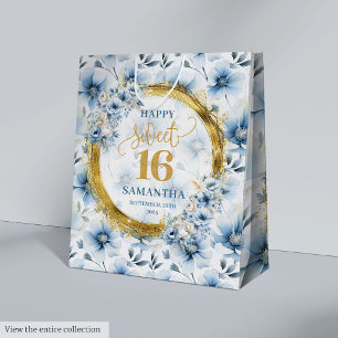 Cadeau Moyen Sac moderne Light Blue Sweet 16 Gold Parties scint
