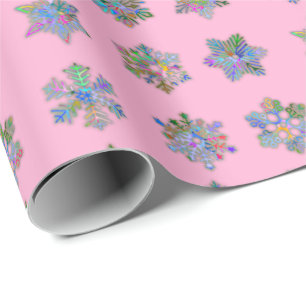 Cadeau Noël papier d'emballage rose motif flocons de neig