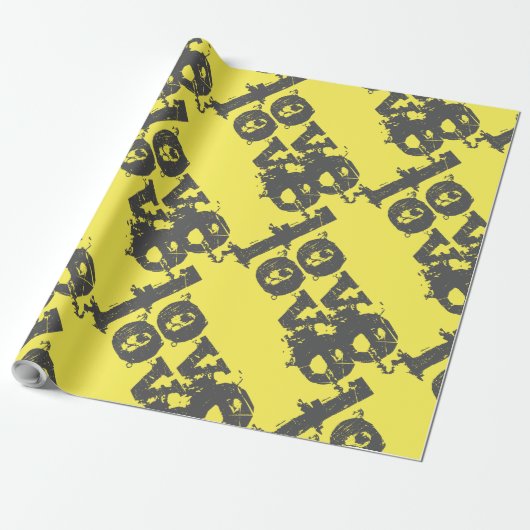Cadeau papier à envelopper jaune et gris AMOUR (Déroulé)