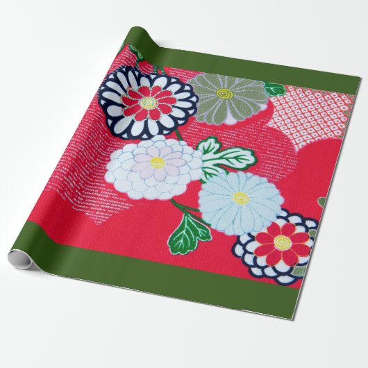 Cadeau Papier à envelopper KIMONO MOTIF FLEURS ROUGE ET B (Déroulé)