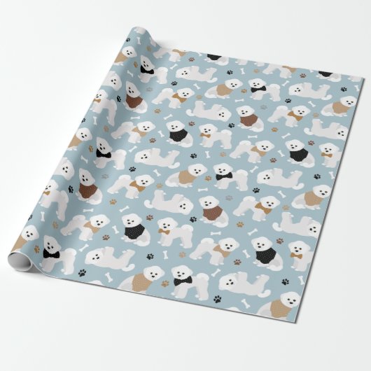 Cadeau Papier Bichon Frise Bones and Paws Blue Wrapper (Déroulé)