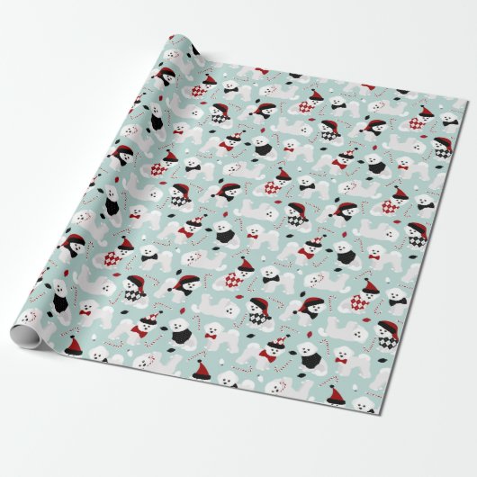 Cadeau Papier Bichon Frise Christmas Blue Wrapper (Déroulé)