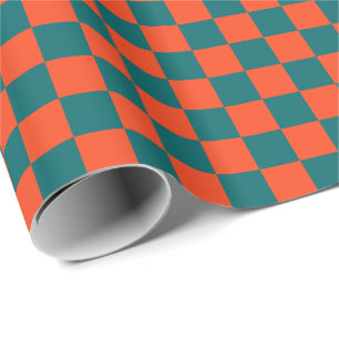 Cadeau Papier bleu aqua foncé et corail orange à carreaux