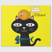 Cadeau Papier brillant à envelopper, Noir Chat Poisson Bo (Plat)