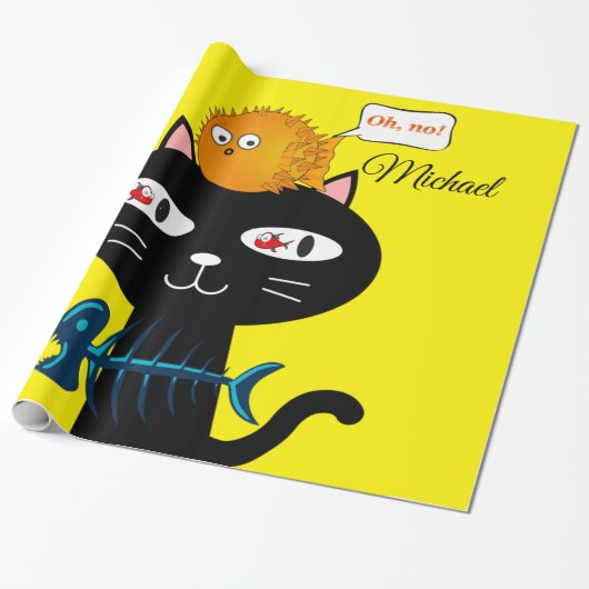 Cadeau Papier brillant à envelopper, Noir Chat Poisson Bo (Déroulé)