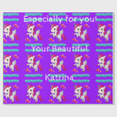 Cadeau Papier brillant, Coeurs Bleus Unicorne Purple (Plat)