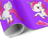 Cadeau Papier brillant, Coeurs Bleus Unicorne Purple (Coin rond)
