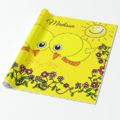 Cadeau Papier brillant, Jaune Chicks Soleil Floral (Déroulé)