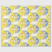 Cadeau Papier brillant, Lune Soleil Étoiles Jaunes (Plat)