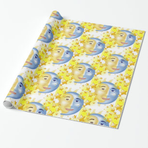 Cadeau Papier brillant, Lune Soleil Étoiles Jaunes