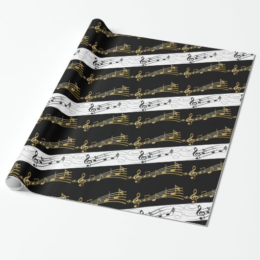 Cadeau Papier brillant, notes de musique noir et blanc (Déroulé)