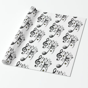 Cadeau Papier brillant, notes de musique noir et blanc