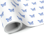 Cadeau Papier Chinois Vintage Papillons Bleus Blancs (Coin rond)