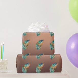Cadeau Papier de couleur cuivre brillant aux plumes vert