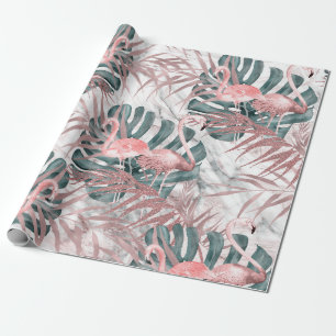 Cadeau Papier de fête Rose Gold Tropical Flamingos Feuill