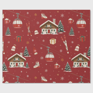 Cadeau Papier d'emballage Alpine Ski Christmas Cerise Rou
