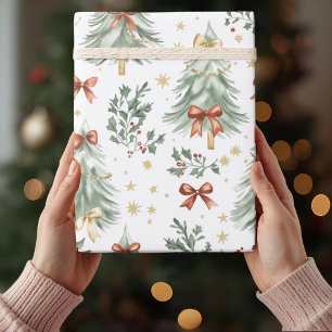 Cadeau Papier d'emballage Arbre de Noël et nœud à l'aquar