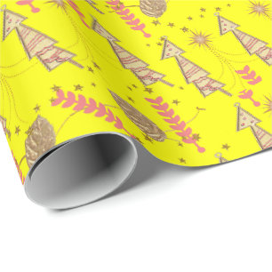 Cadeau Papier d'emballage Arbres de Noël dorés Jaune