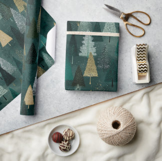 Cadeau Papier d'emballage arbres verts et or pour les fêt