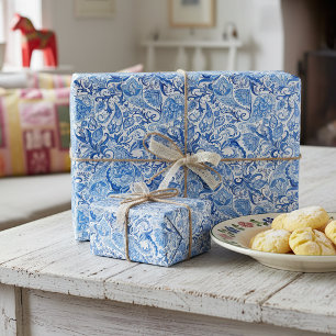 Cadeau Papier d'emballage artistique floral paisley bleu 