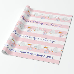 Cadeau Papier d'emballage Bébé Cigogne Rayure rose et bla