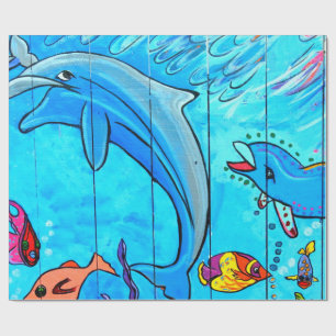 Cadeau papier d'emballage bleu des dauphins riant
