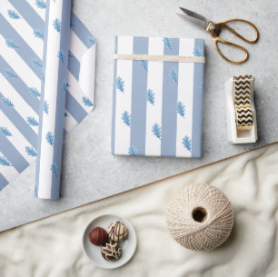 Cadeau Papier d'emballage bleu et blanc à rayures feuille
