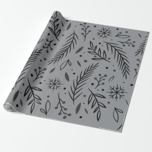 Cadeau Papier d'emballage botanique d'hiver – Gris et noi