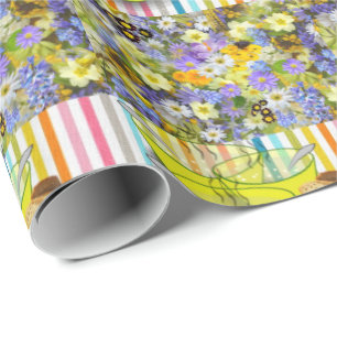 Cadeau Papier d'emballage brillant à motif floral rayé