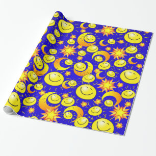 Cadeau Papier d'emballage brillant, étoiles jaunes lune s