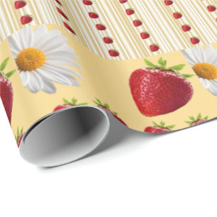 Cadeau Papier d'emballage brillant Fraise Marguerite Blan