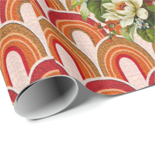 Cadeau Papier d'emballage brillant orange floral