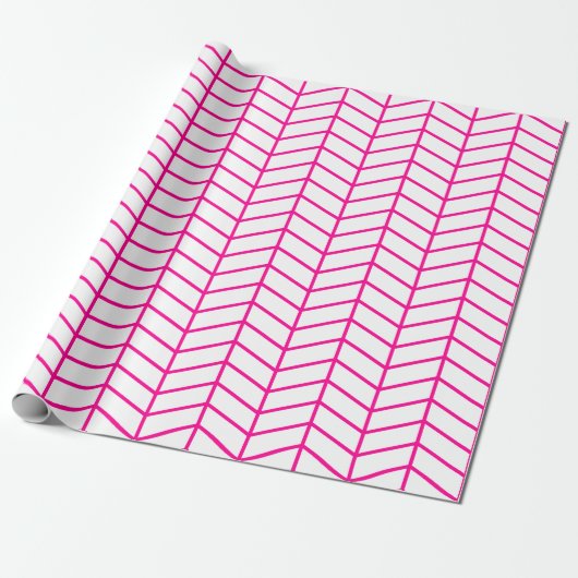 Cadeau Papier d'emballage Chevron - Rose chaud sur blanc  (Déroulé)