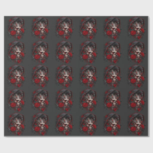 Cadeau Papier d'emballage crâne gothique et roses rouges