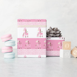 Cadeau Papier d'emballage de baby shower rose de girafe
