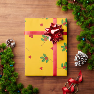 Cadeau Papier d'emballage de Noël à Baie de Houx Jaune