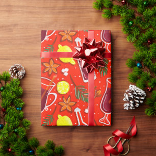 Cadeau Papier d'emballage de Noël avec du vin chaud