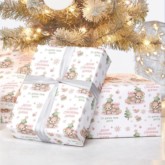 Cadeau Papier d'emballage de Noël Fille Nom Ours rose