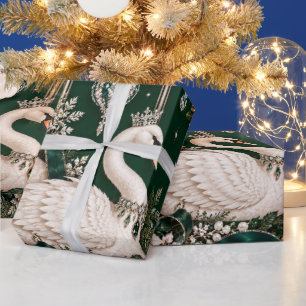 Cadeau Papier d'emballage de Noël Luxe Cygne Émeraude Hiv