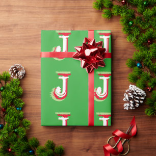 Cadeau Papier d'emballage de Noël Rouge Vert Monogramme