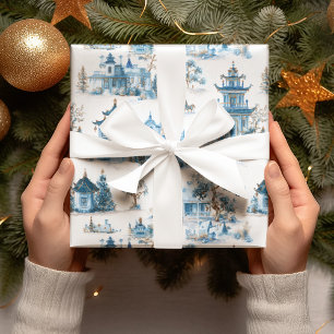 Cadeau Papier d'emballage de village de Noël Blue Chinois