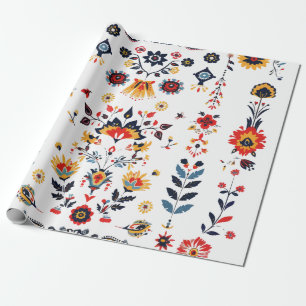Cadeau Papier d'emballage élégant à motif floral folk vin