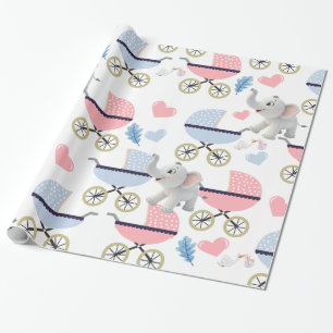 Cadeau Papier d'emballage éléphant poussette bébé rose &